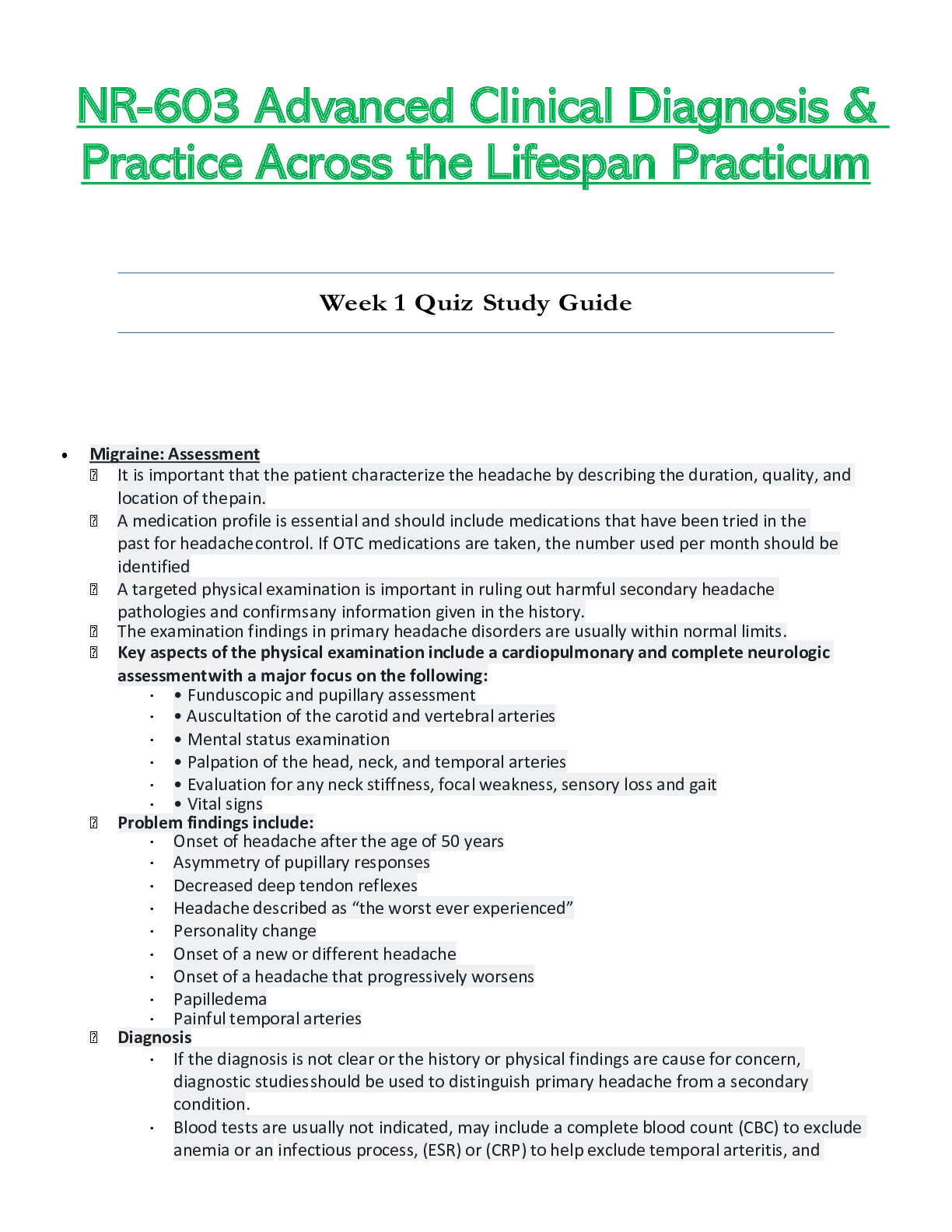 Preview of NR603 / NR-603 Week 1 Quiz Study Guide (Latest): Advanced Clinical Diagnosis and Practice